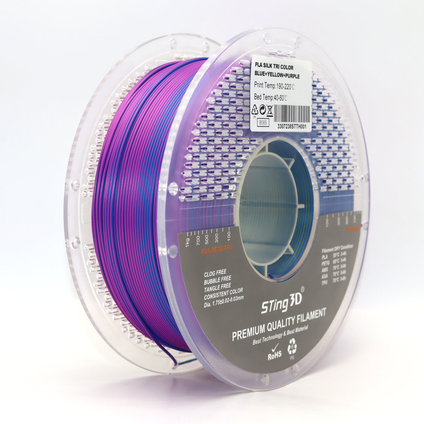 STING3D premium PLA SILK filament TRIPLE color 1kg